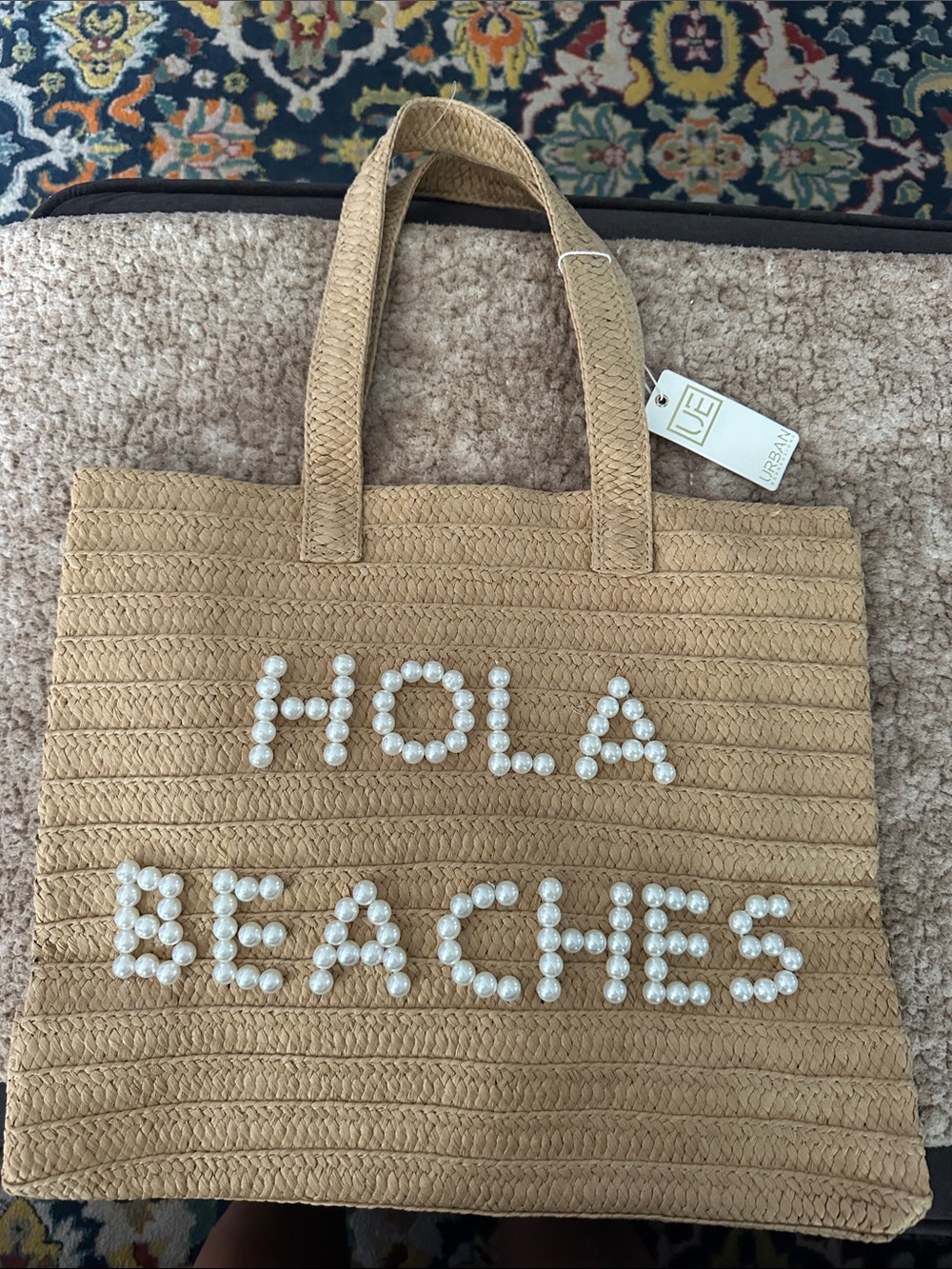 Urban Expresdions Tan Straw Tote with Pearl 'HOLA BEACHES' Lettering